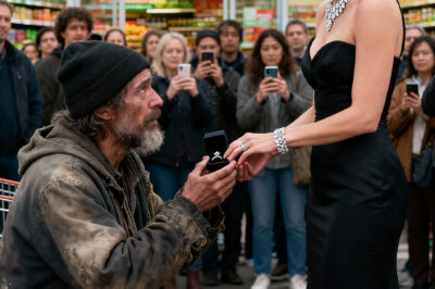 A Homeless Man Proposes to a Billionaire CEO in the Rain — But What He Asks Leaves Her Speechless  It started with thunder and the smell of rain-soaked asphalt. Seattle’s sky hung low and gray, the kind that presses on your chest like a secret. Under a crumbling bridge, Ethan Cole—once an engineer, now just another ghost of the city—huddled beneath a frayed blanket. Across the street, a black Maybach stopped so suddenly it splashed the curb. From it stepped Isabella Grant, the kind of woman whose face you only see in magazines, never in places like this. Her heels clicked once, twice, then slowed as she met his eyes. She looked like someone who’d run out of miracles.