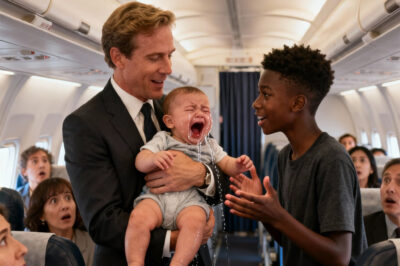 The baby wouldn’t stop crying. First-class passengers glared, the billionaire father looked helpless—and the flight felt endless. Then a 20-year-old airport worker quietly stood up from coach. “Sir,” he said softly, “may I try something?” Minutes later, the baby slept peacefully in his arms. The cabin fell silent. And by landing, that lullaby had rewritten both their futures.