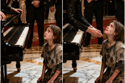 The ballroom froze. A thin, barefoot girl stood between two guards, her voice trembling but defiant: “Please—let me play the piano for a plate of food.” Laughter rippled through the glittering crowd of donors. Then a calm voice rose above the noise. “Let her play,” said Lawrence Carter, the world-famous pianist everyone had come to see. What followed silenced every whisper in the room.