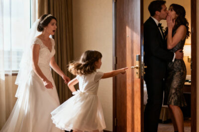 Minutes before I was supposed to walk down the aisle, my niece crashed into the bridal suite, sobbing so hard she could barely breathe. “You can’t marry him,” she cried, dragging me toward the window. And when I looked through the glass—still in my gown, veil half-fallen—I saw something so intimate, so deliberate, it cracked the entire fairytale I thought I was living.