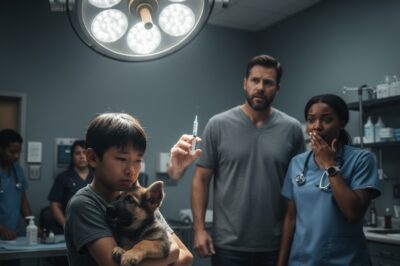 Heart-Wrenching: A Dying Puppy’s Final Hug Wasn’t Goodbye... It Was a Warning.  What the Vet Found Will Leave You Speechless...   The room fell into an agonizing silence as the vet prepared the injection.  Bristle, the young puppy, weak and barely able to stand, pressed his head against the boy’s chest one final time.  The child, Taí, barely ten years old, held the dog close, his tear-streaked face pressed against the fur that had comforted him through the darkest moments of his life.   Everyone thought it was the saddest of goodbyes.  But just as the needle was about to pierce the puppy’s skin, Bristle suddenly growled—low, almost warning-like.  The vet froze.  This wasn’t a fear-driven reaction; it was different.   The vet’s gaze shifted nervously around the room.  Was it the child? The air felt colder now, heavier.  Something wasn’t right.  Then, out of instinct, the vet halted.  Something was off.  What had the dog sensed? And what was it trying to tell them? The puppy’s last moments weren’t simply about the end of life.  As the vet began examining the dog more closely, he uncovered something that should not have been there—something that suggested the puppy hadn’t been dying of natural causes at all.   A buried secret—something darker than anyone in that room could have imagined—was slowly coming to light.  Who wanted this dog to die this way? Who could wish for something so sinister to unfold? What started as a simple farewell from a father and son would soon unravel a much deeper and dangerous mystery.