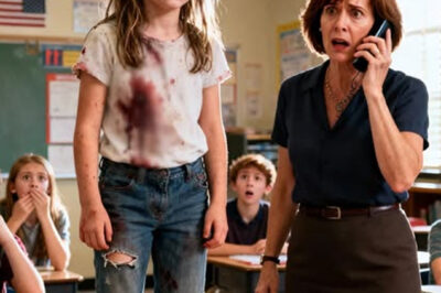A Teacher Froze Mid-Lesson — When She Saw the Blood on a Little Girl’s Trousers, Her Hands Started to Tremble  The morning bell at Ridgewood Elementary didn’t sound like a welcome that day — it sounded like judgment. The fluorescent lights flickered as nine-year-old Emily Carter slipped into her seat, shoulders hunched, trying to make herself smaller than her shadow. Her backpack hung open, one strap sliced clean through. Laughter followed her like static. “Nice pants, loser,” one of the boys hissed, his voice stretching the word like a knife. The class roared. Emily smiled — or tried to — while tugging her sweatshirt lower, as if fabric alone could hide the truth.