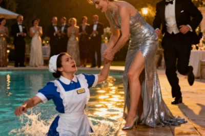“Watch where you’re going next time!” Brandon sneered, holding his champagne flute as laughter rippled through the rooftop crowd.  The young waitress pulled herself from the pool, soaked and shaking. Her uniform clung to her skin, mascara streaking her cheeks as the tray she’d been carrying floated beside her. Dozens of party guests—dressed in designer gowns and tuxedos—laughed like it was part of the entertainment. Phones flashed, recording every second.