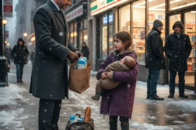 He was a billionaire used to numbers, not emotions — but nothing in Daniel Harlow’s life prepared him for the voice that stopped him in the snow. “Sir… please. Just one box of milk for my baby brother. I’ll pay you back when I grow up.” She couldn’t have been more than ten, holding a sleeping infant wrapped in rags. Everyone else walked past. He didn’t. And that single choice would come back to him years later — in the most unexpected way.