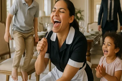 A millionaire — too busy building towers to notice his own house collapsing in silence — came home early one afternoon, and what he found his maid doing with his children made him cry. The sound reached him first: laughter, unguarded and unplanned, echoing down the marble corridor that usually carried only the hum of loneliness. He paused in the doorway of his own dining hall, briefcase still in hand, and for the first time in years, he didn’t see a house. He saw a home — and realized how long he’d been living without one.