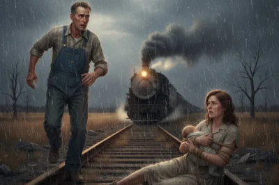 A widowed farmer followed a scream into the dusk — and on those rusted tracks, beneath a burning sky, he found a woman bound in rope and a baby clutched to her chest. In that instant, as the whistle roared closer, he realized the past he’d buried wasn’t done with him — not yet.