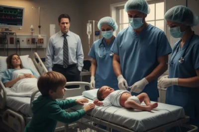 A Doctor Declared the Baby Dead — But His Big Brother Refused to Believe It The hospital room smelled of antiseptic and fear. Machines hummed softly under fluorescent light, throwing long shadows across sterile walls. Olivia Parker lay pale and trembling on the bed, her C-section scar still fresh, her eyes fixed on the tiny, still body the doctors had just wrapped in white. Her husband stood useless in the corner, his tie askew, his world collapsing by the second. Someone whispered, “There’s no heartbeat.” The words cracked the air like glass — and yet, through that unbearable quiet, a small voice would soon rewrite everything.