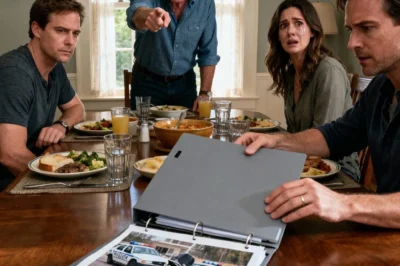 “It’s decided!” Dad declared, clinking his glass. “Your sister gets your SUV—she has kids.” Laughter, nods, approval all around. I just smiled, reached under the table, and slid a gray folder across the linen. “Funny you mention kids,” I said quietly. “Here’s the police report from her last car.” The laughter died mid-breath. Forks froze mid-air. And for once, they were the ones who had to clean up the mess.