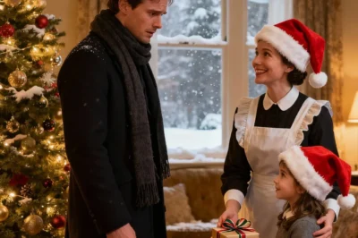 The city glittered with a million lights, but Charles Stone’s penthouse felt like a tomb. A billionaire surrounded by gold, glass, and silence—until a maid’s little girl looked up at him and asked, “Mommy… why is he celebrating Christmas alone?” Six words that cracked something frozen inside him. Hours later, at 9:06 p.m., he stood on Maple Street—outside a yellow house that smelled like cinnamon and forgiveness.