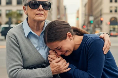 Rain blurred the streetlights as Emily stood alone at the bus stop—her husband’s taillights vanishing into the dark. “You’re nothing without me,” he’d shouted before driving off. Her phone. Her wallet. Gone. Then a frail voice cut through the storm. “Pretend you’re my granddaughter,” the blind woman said. “My driver’s coming. He’ll regret leaving you.” Emily almost laughed—until the black Cadillac pulled up.