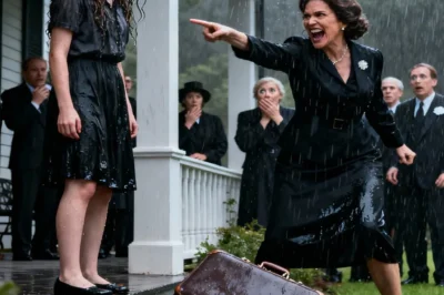 The rain hit harder as my stepmother threw my suitcase into the mud. “Your father is dead! This house is mine! Get out!” she screamed, her diamond ring flashing like a crown. My half-brother smirked, “Scram, parasite.” I stood there, soaked and silent. Then I said it—softly, but loud enough for every relative on that porch to hear: “Are you sure you want to do this?” Her umbrella slipped. His face went white.