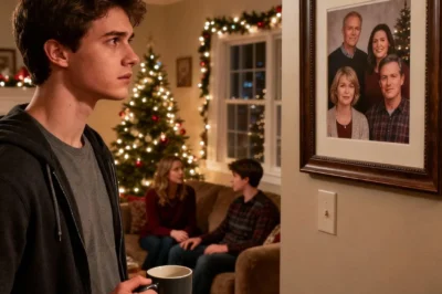 On Christmas Eve, I came home to find our family portrait hanging above the fireplace—except my face had been cleanly cut out. No one mentioned it. Not a word. My mom smiled, my dad poured wine, my sister laughed too loudly. I smiled back, pretending not to notice. But the next morning, when I handed them an envelope they weren’t supposed to open in front of everyone… they did.