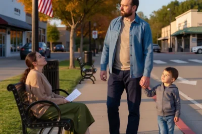 “Daddy, she’s crying all alone.” Those six words stopped a billionaire in his tracks. Under a bare oak, a woman sat with a yellow envelope, her world falling apart in silence. Within an hour, she was sitting at his Thanksgiving table — a stranger among silverware and sorrow — and by dessert, the man who hadn’t smiled in years was asking her something that would change both their lives forever.