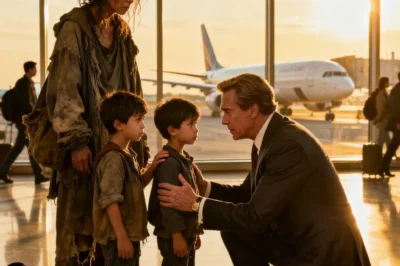 At JFK Airport, billionaire Edward Langford was minutes from boarding his private jet when a small voice stopped him cold. “Mommy, I’m hungry.” He turned—and saw her. The maid he’d fired years ago, sitting on a bench with two thin, shivering children. The moment one little boy looked up and smiled, Edward’s world tilted. Those blue eyes… they were his own.