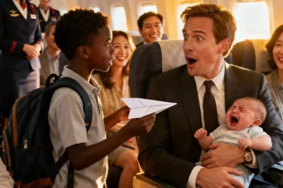 The billionaire’s baby wouldn’t stop crying—first-class passengers rolled their eyes, flight attendants whispered, and his reputation cracked with every scream. But then a 12-year-old Black boy from economy stood up, clutching a worn backpack. “Sir,” he said softly, “I think I can help.” What happened next silenced the entire cabin—and changed one man’s view of humanity forever.