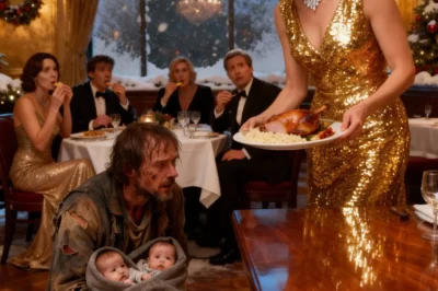 The restaurant’s gold chandeliers glowed like captured fire, but the moment the doors blew open with a burst of icy wind, every fork stopped mid-air. A homeless father knelt in the snow outside, two starving children clinging to him, whispering, “Ma’am… please… just your leftovers.” Clara Whitfield rose from her velvet booth — unaware that what he’d give her in return would eclipse every luxury in her life.