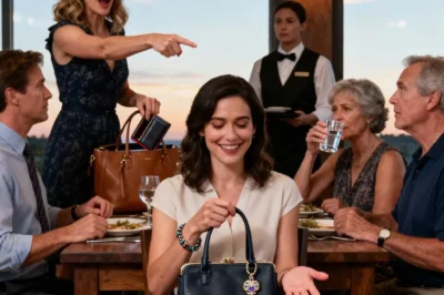 The anniversary dinner was supposed to be calm, polite, predictable — until Vanessa shot up from her chair, pointed straight at me, and screamed, “You stole my wallet, you disgusting thief!” Gasps hit the table like dropped glassware. Then she reached into the bag beside me, pulled out her wallet with a triumphant grin… and everyone stared as I started laughing.