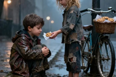 Rain hammered the pavement as Portland blurred into a cold, colorless smear — and still, no one noticed the tiny boy shivering alone on the curb. People stepped around him like he was a shadow. Then a little girl with a rusty bike and a basket of crooked cookies skid to a stop, wrapped her own jacket around his shoulders, and asked the question every adult had ignored.